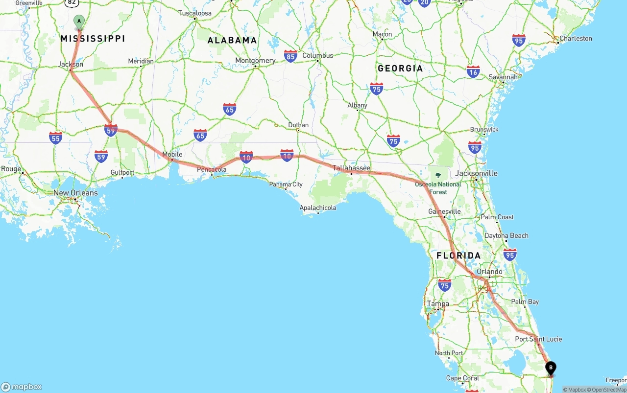 Shipping route from Mississippi to Palm Beach International Airport