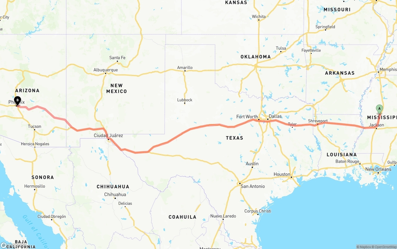 Shipping route from Mississippi to Phoenix Sky Harbor International Airport