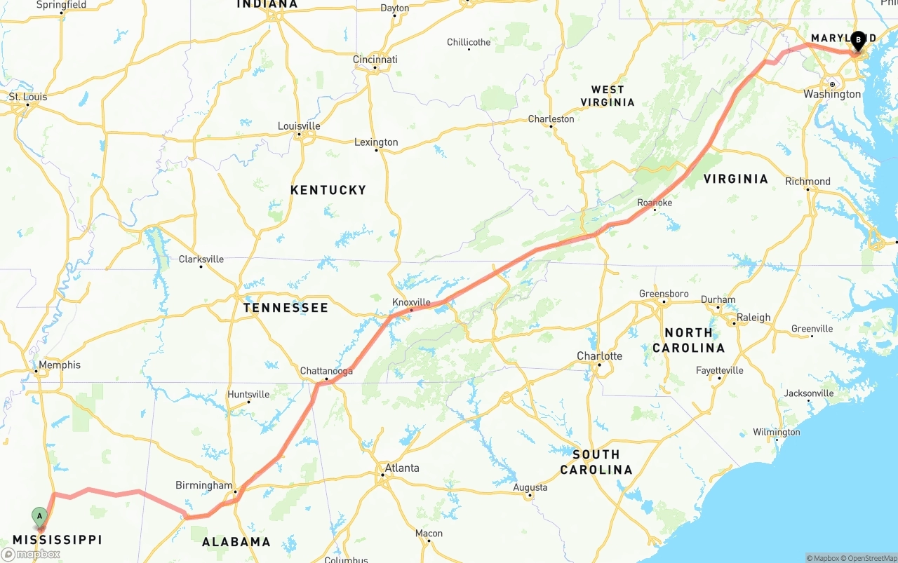 Shipping route from Mississippi to Port of Baltimore