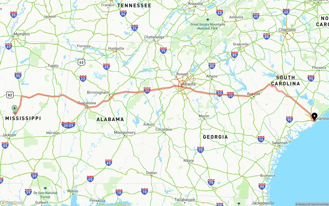 Shipping route from Mississippi to Port of Charleston