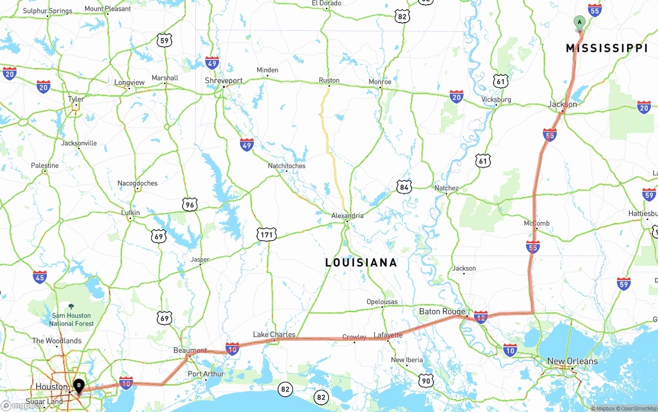 Shipping route from Mississippi to Port of Houston