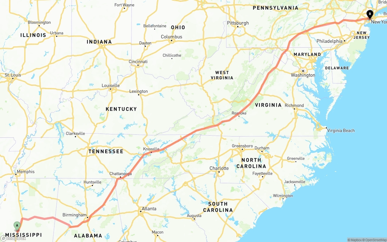 Shipping route from Mississippi to Port of New York