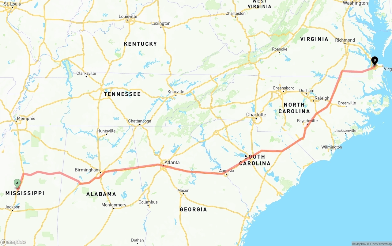 Shipping route from Mississippi to Port of Norfolk