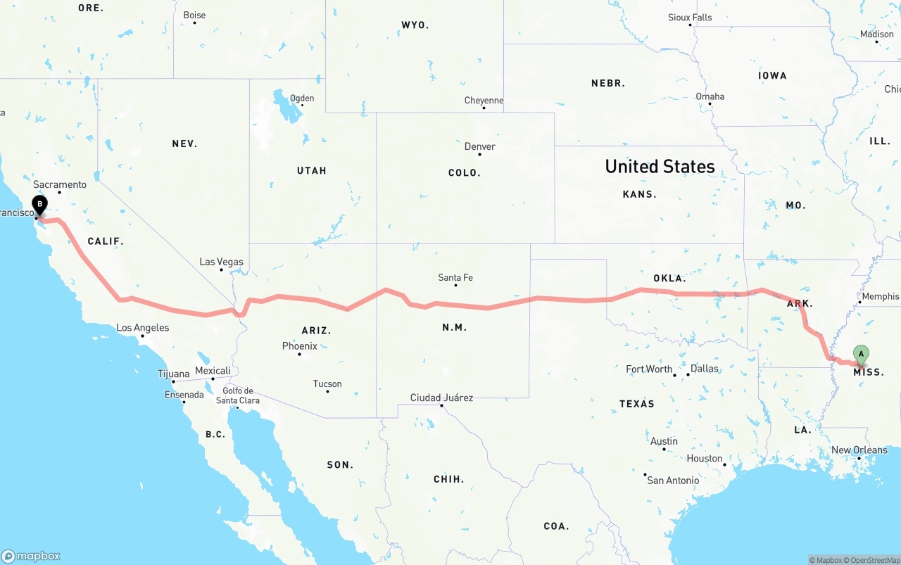 Shipping route from Mississippi to Port of Oakland