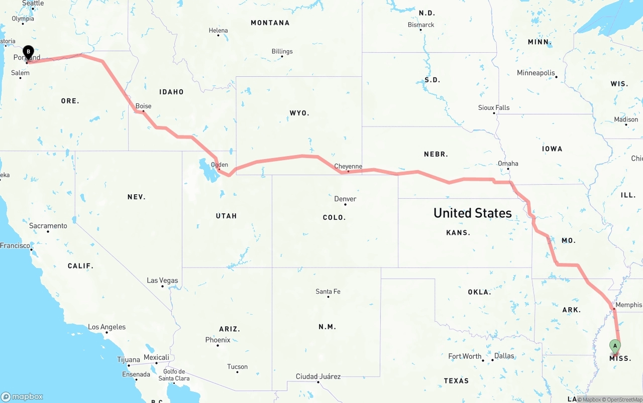 Shipping route from Mississippi to Port of Portland