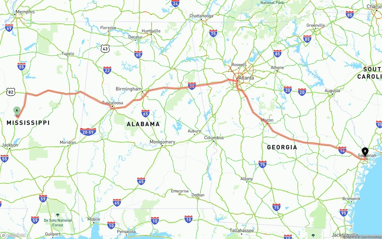 Shipping route from Mississippi to Port of Savannah