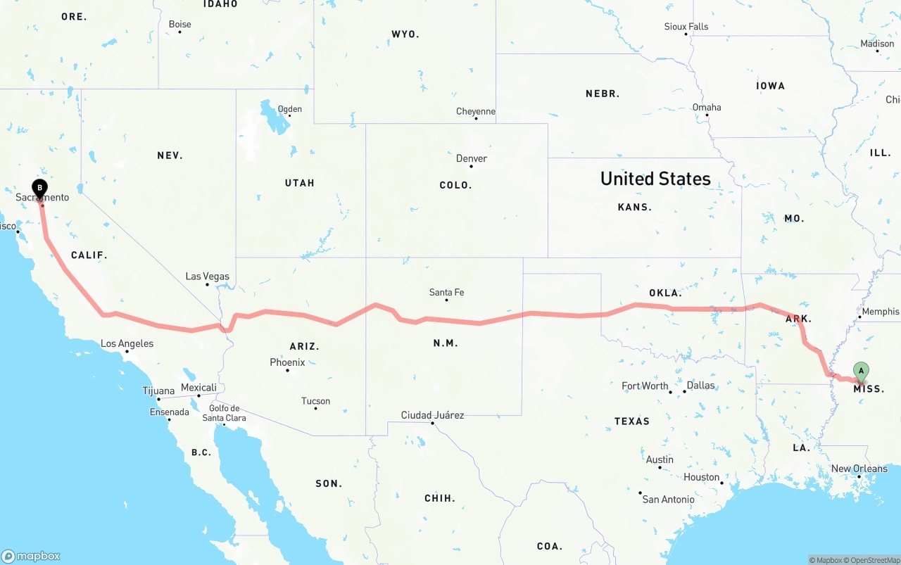 Shipping route from Mississippi to Sacramento International Airport