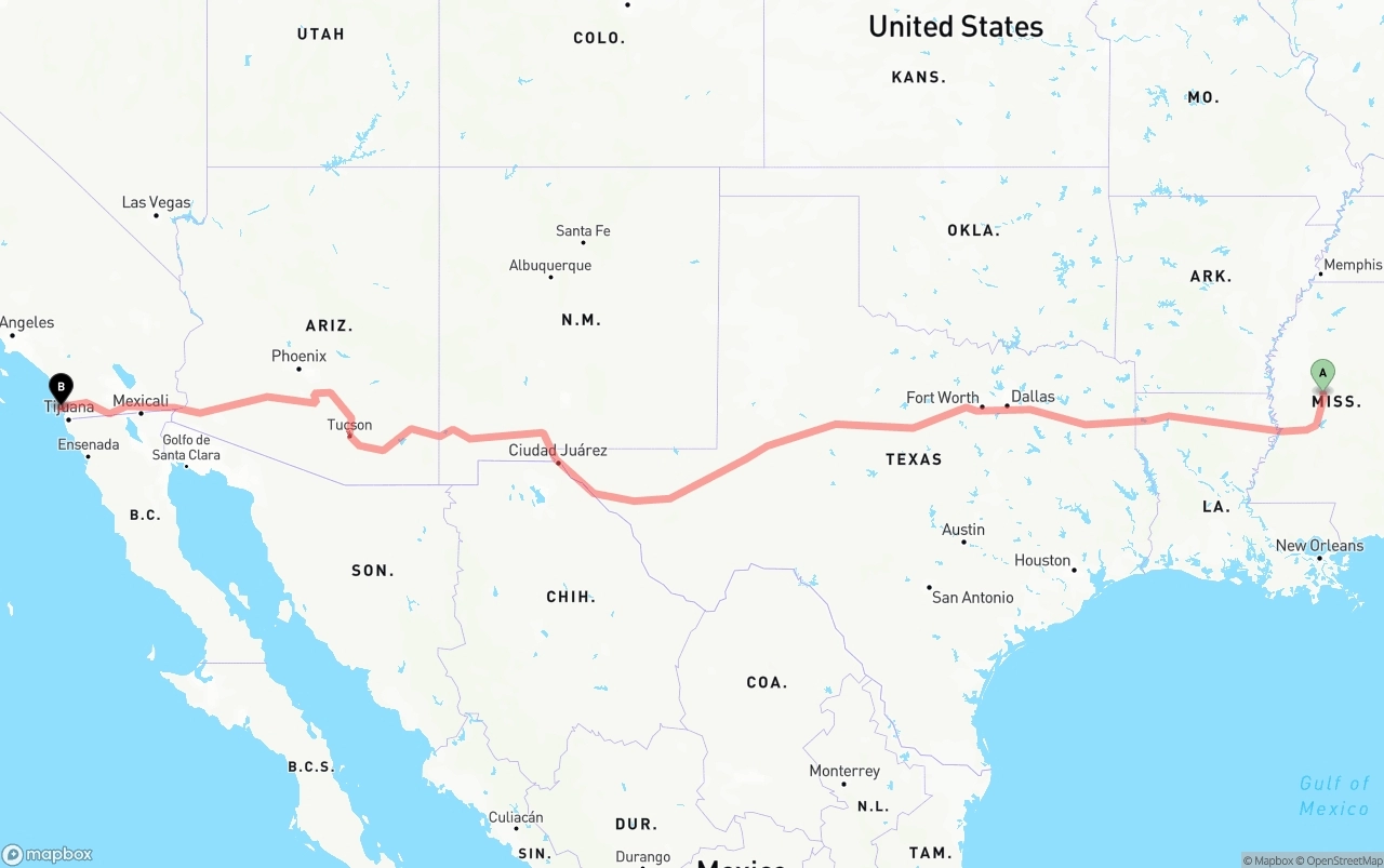 Shipping route from Mississippi to San Diego International Airport