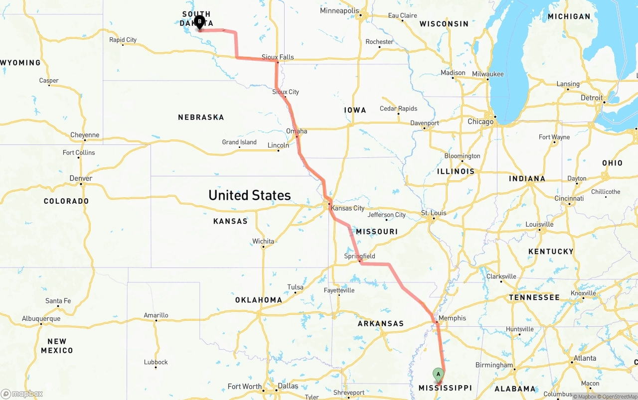 Shipping route from Mississippi to South Dakota