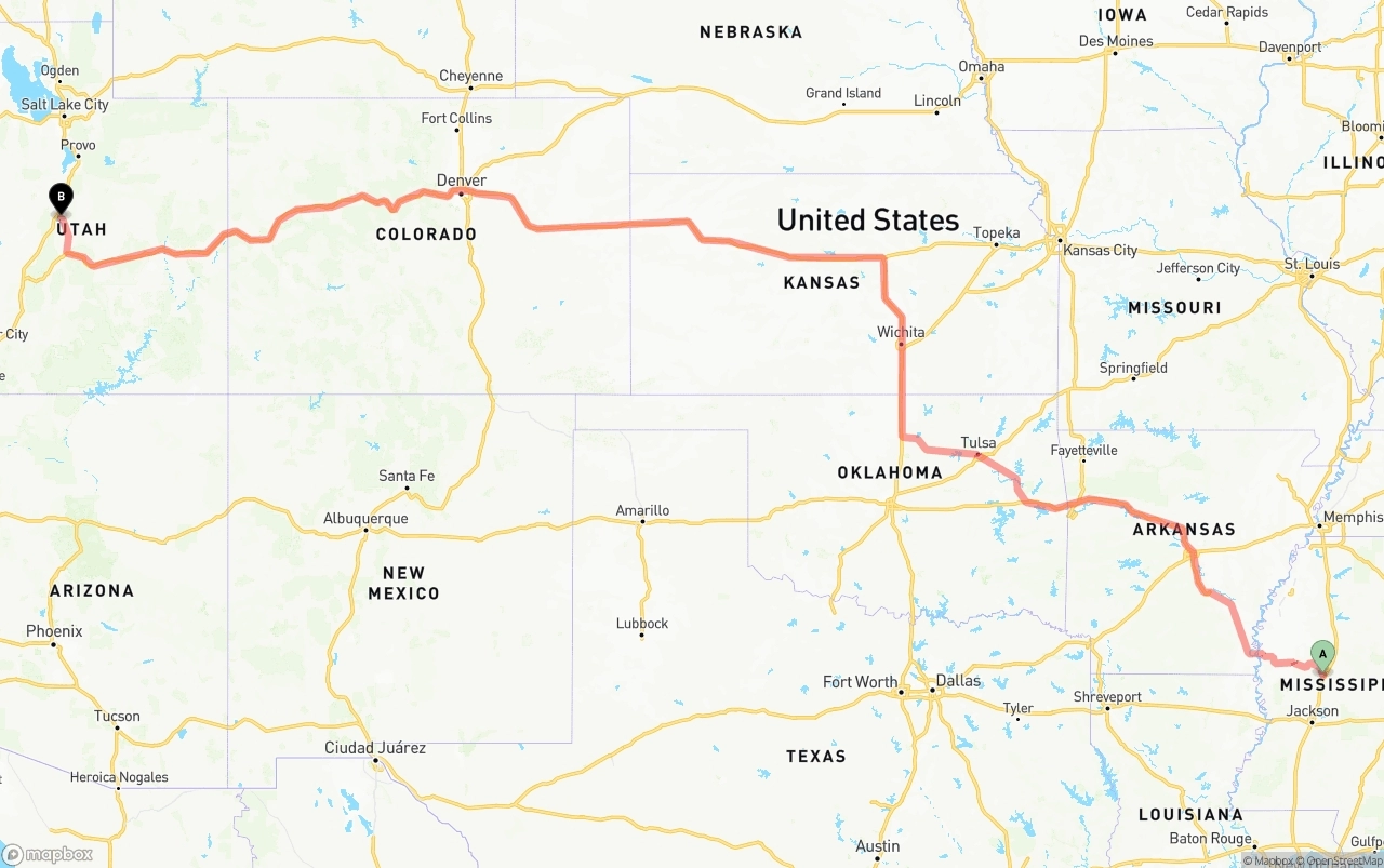 Shipping route from Mississippi to Utah