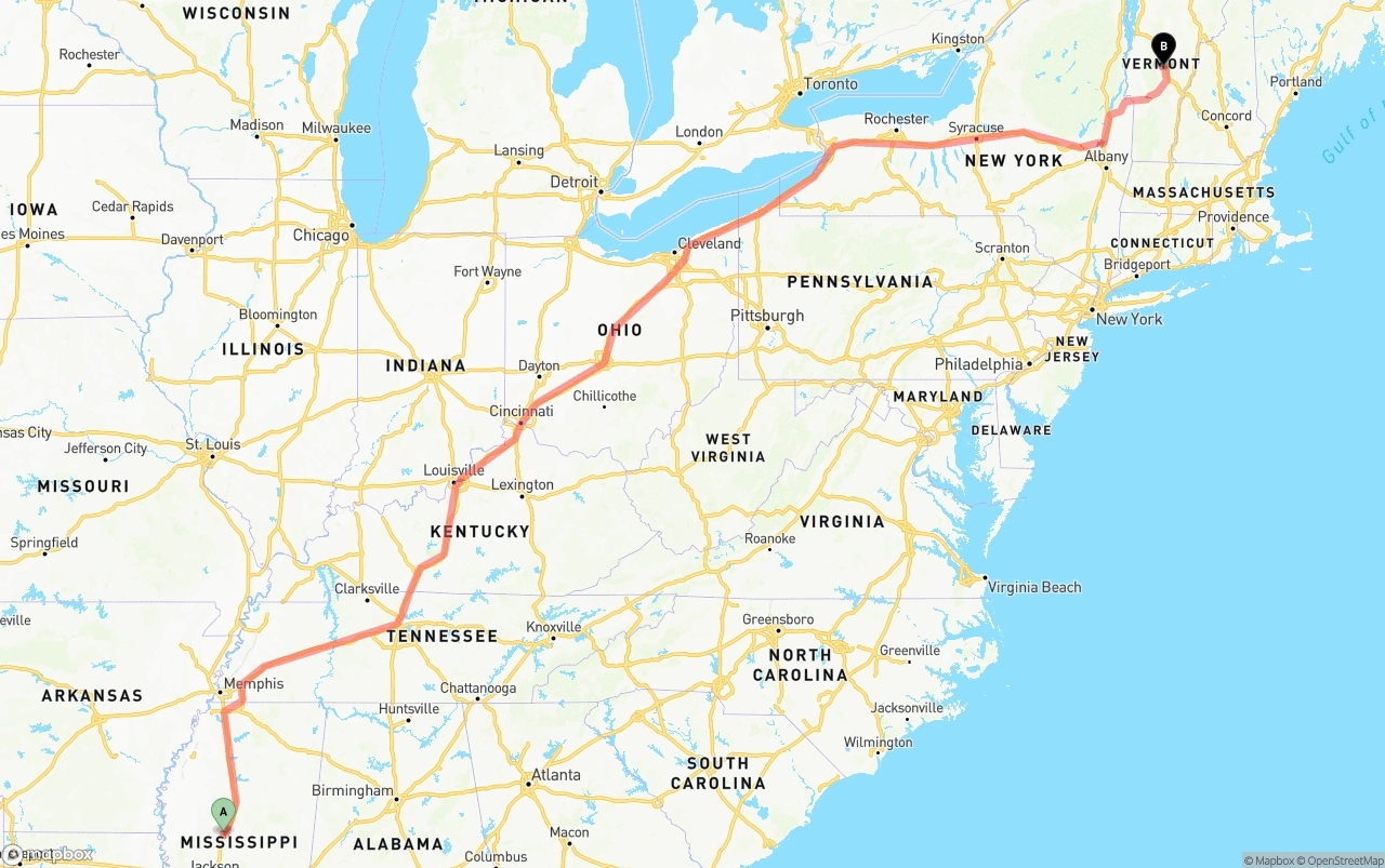 Shipping route from Mississippi to Vermont
