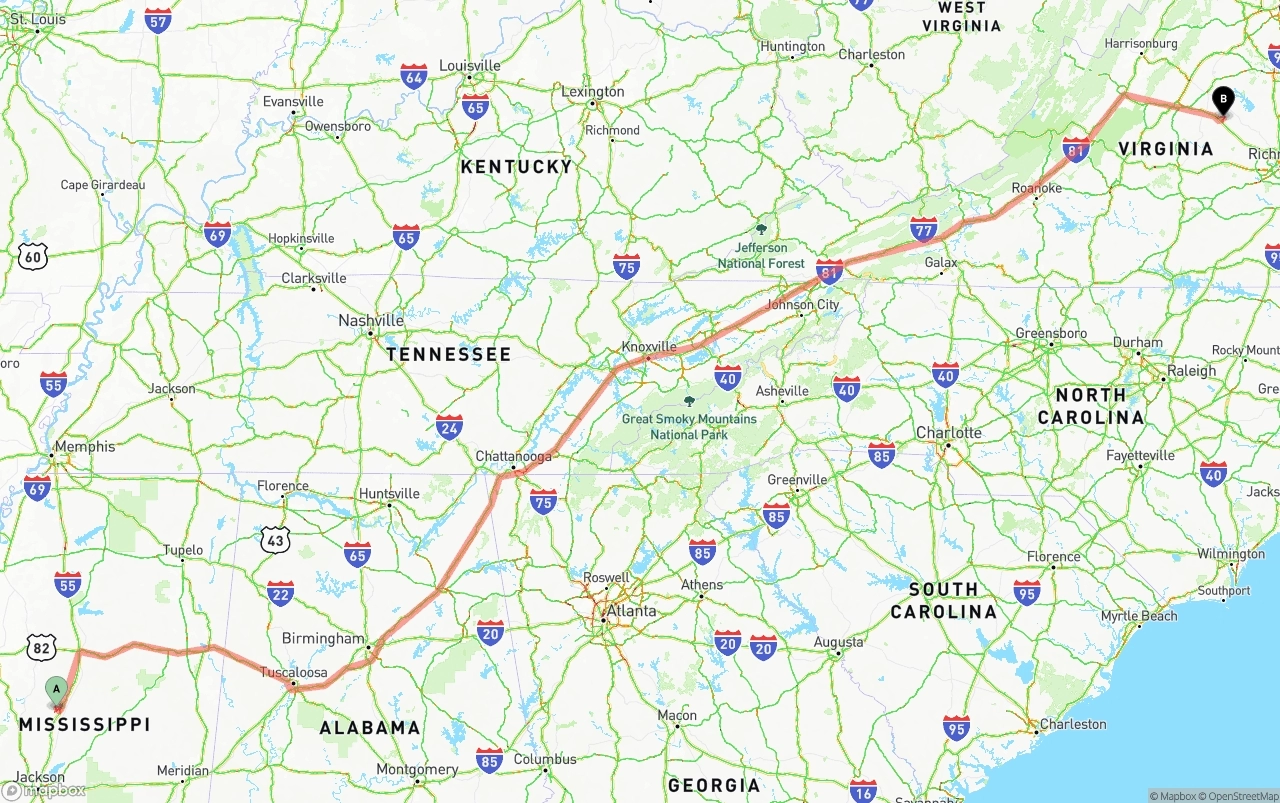 Shipping route from Mississippi to Virginia