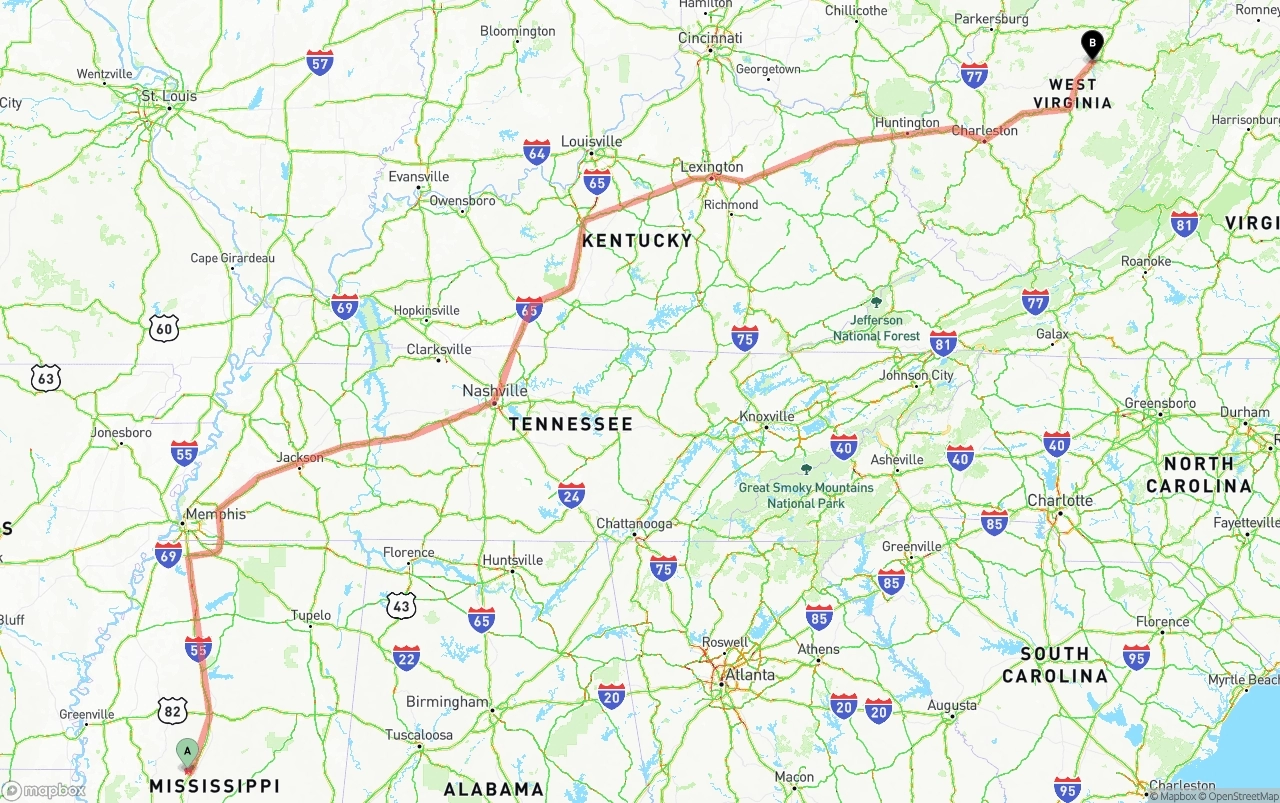Shipping route from Mississippi to West Virginia