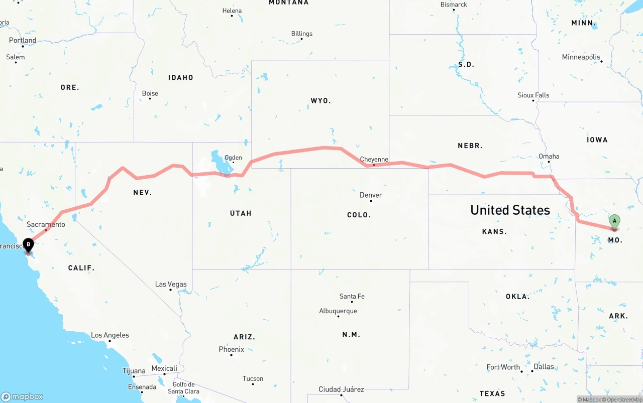 Shipping route from Missouri to San Francisco International Airport