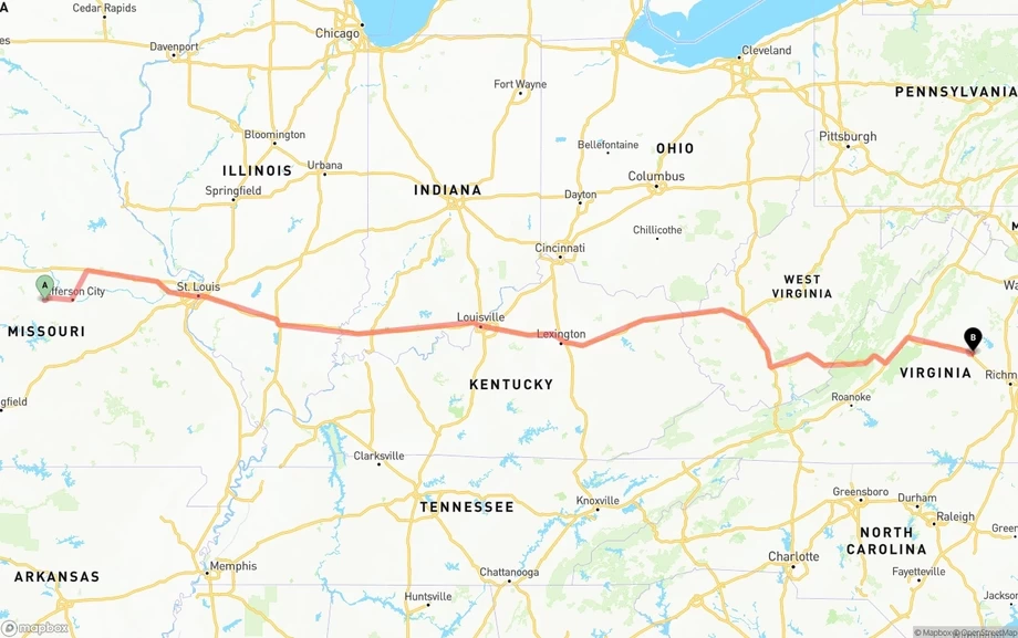 Missouri to Virginia freight shipping route map
