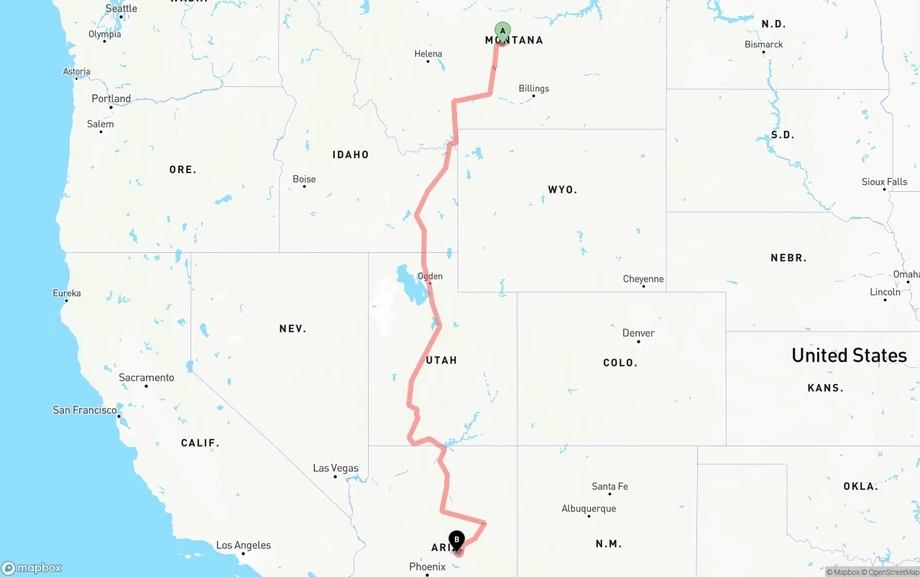 Montana to Arizona freight shipping route map