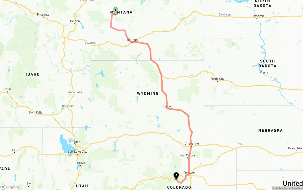 Shipping route from Montana to Colorado