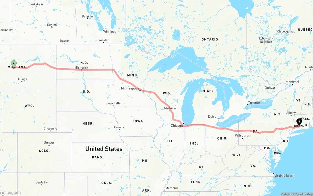 Shipping route from Montana to Connecticut