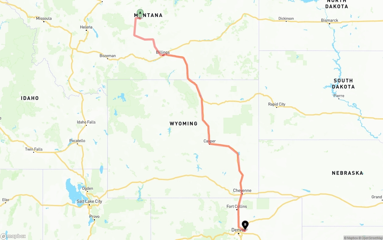 Shipping route from Montana to Denver International Airport