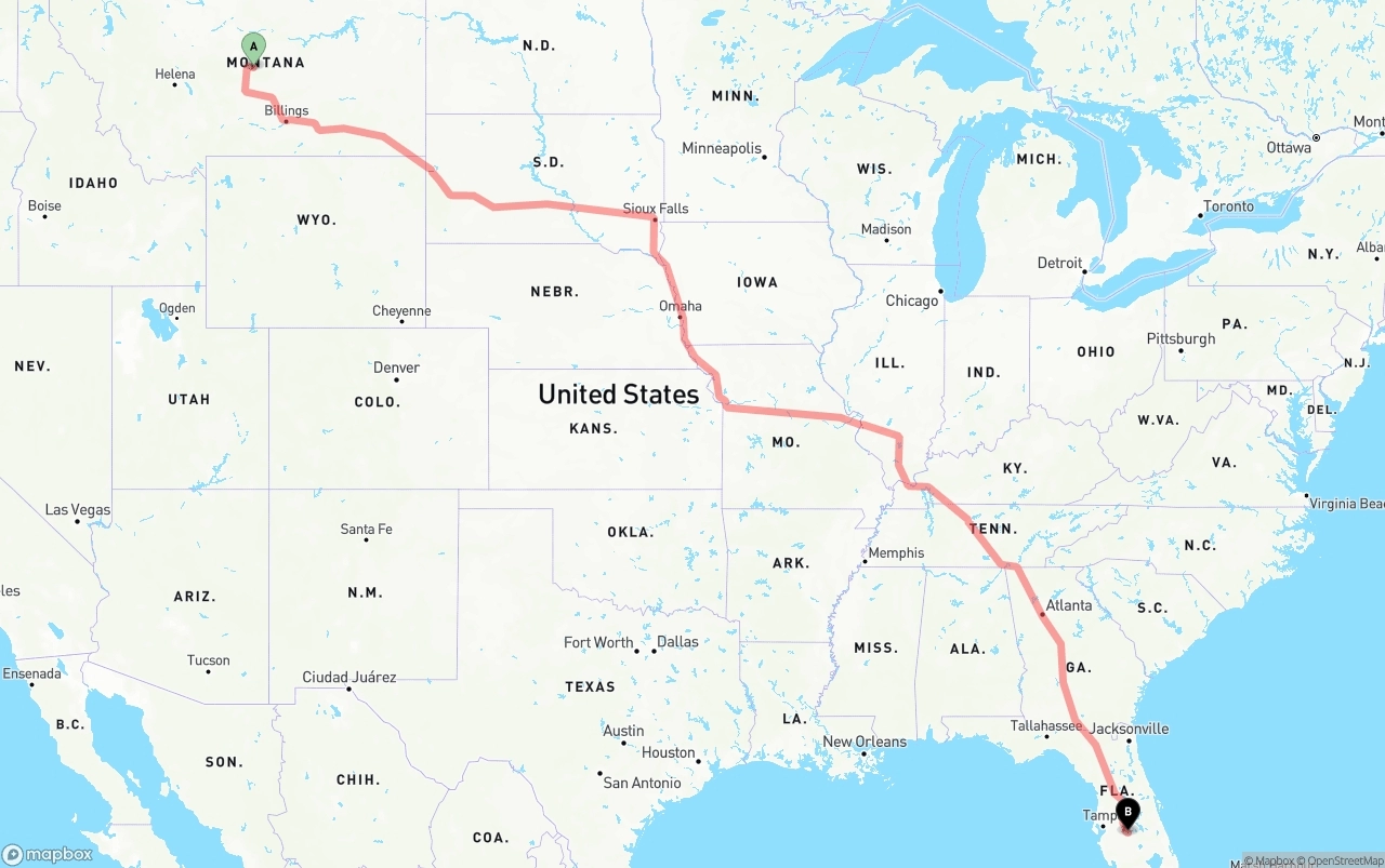 Shipping route from Montana to Florida