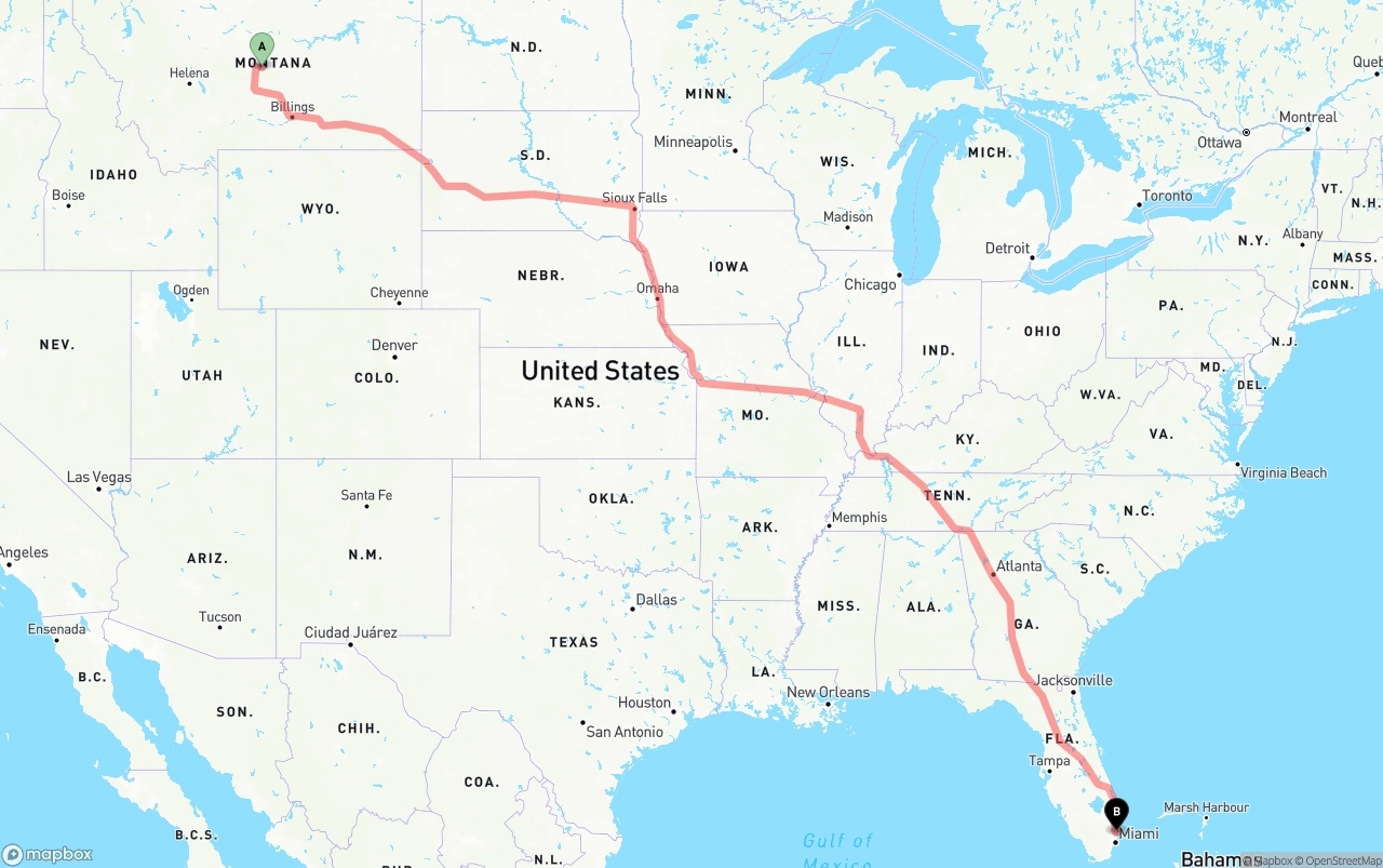 Shipping route from Montana to Fort Lauderdale-Hollywood International Airport