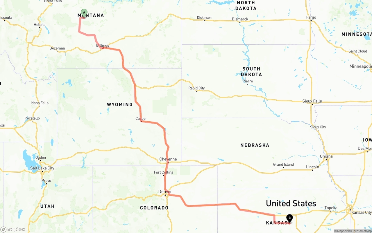 Shipping route from Montana to Kansas