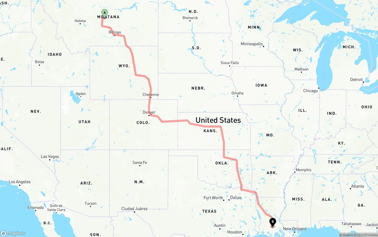 Shipping route from Montana to Louisiana