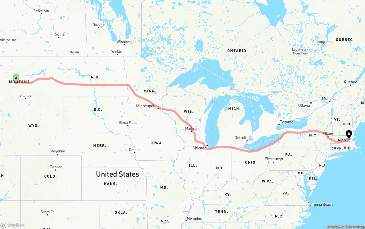Shipping route from Montana to Massachusetts