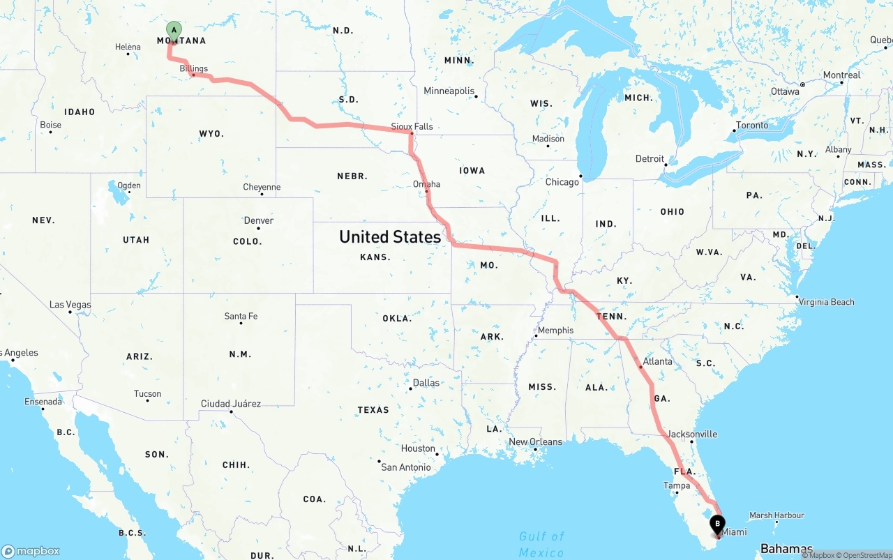 Shipping route from Montana to Miami International Airport