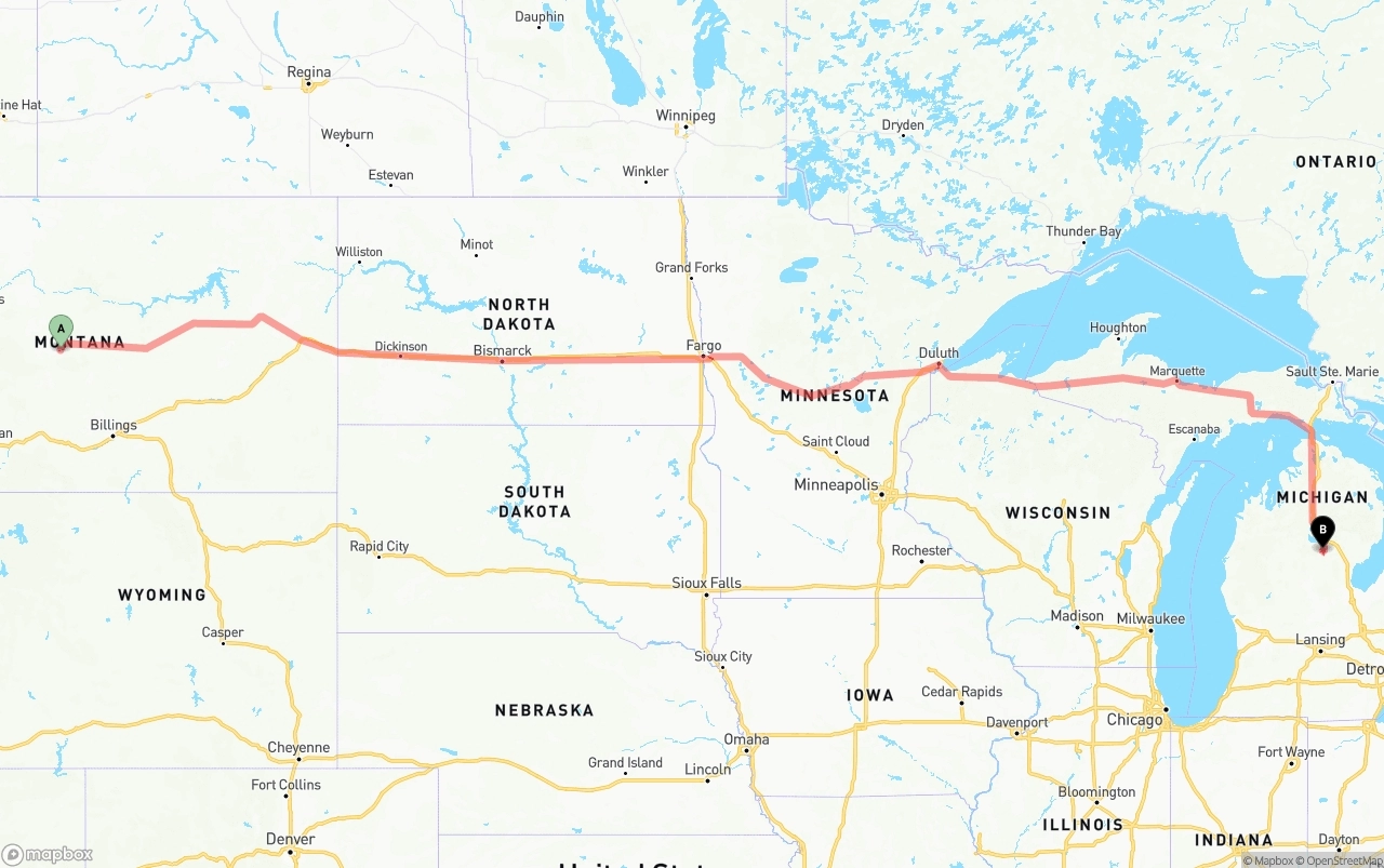 Shipping route from Montana to Michigan