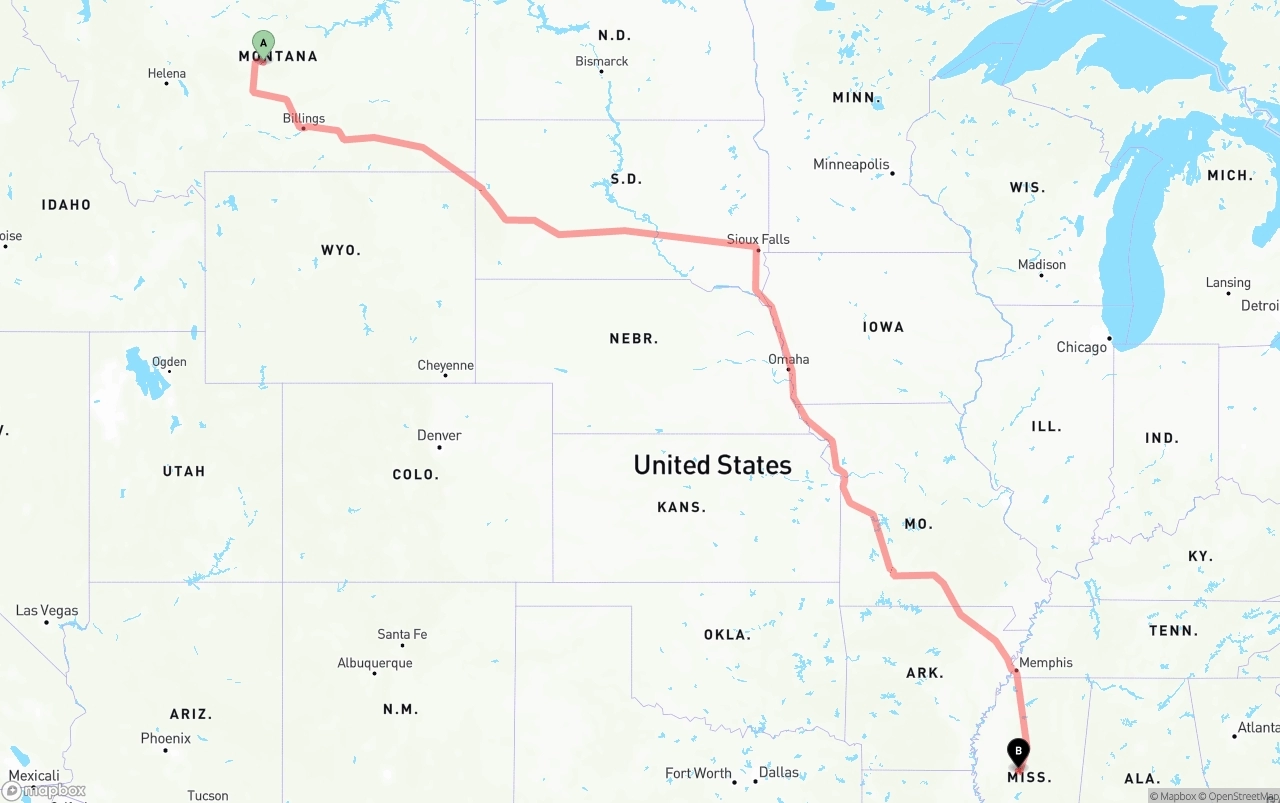 Shipping route from Montana to Mississippi