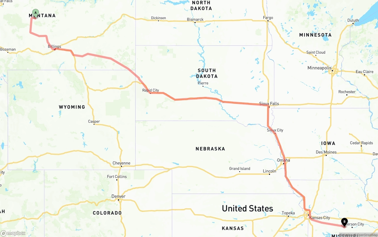 Shipping route from Montana to Missouri