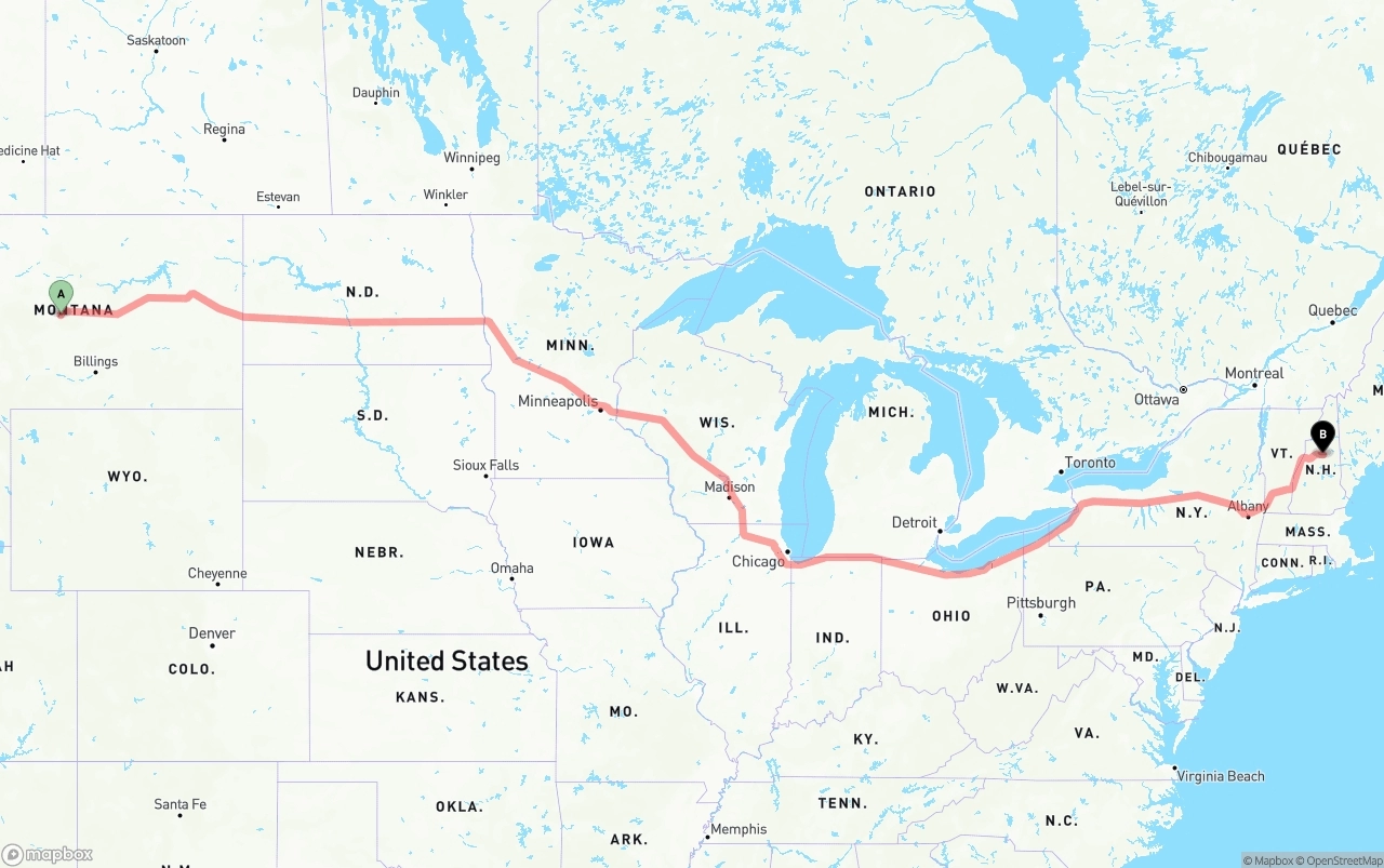 Shipping route from Montana to New Hampshire