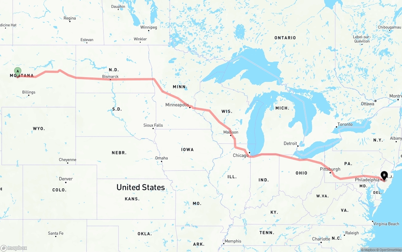 Shipping route from Montana to New Jersey