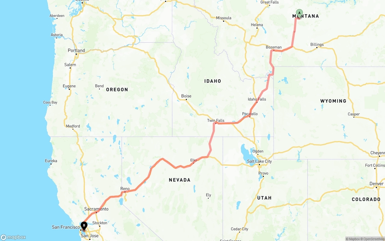Shipping route from Montana to Oakland International Airport