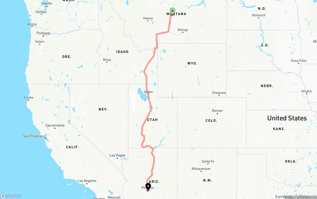 Shipping route from Montana to Phoenix Sky Harbor International Airport