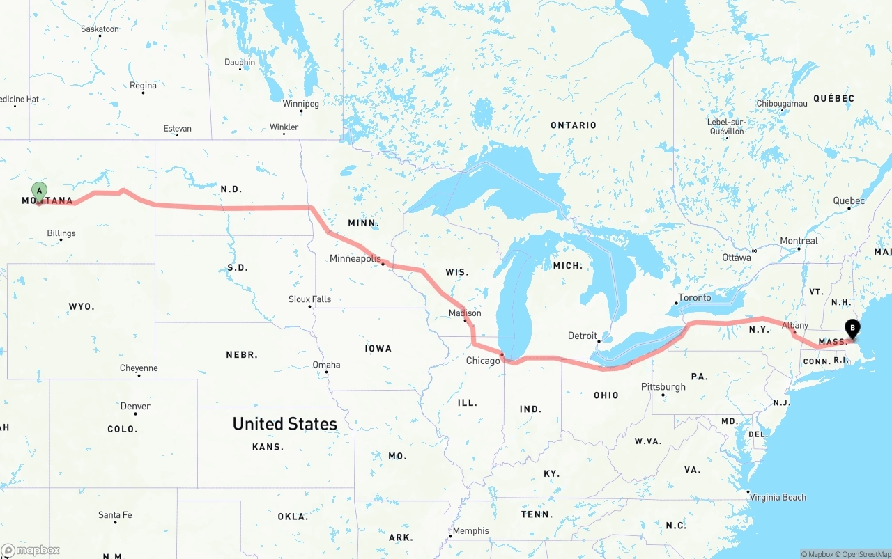 Shipping route from Montana to Port of Boston