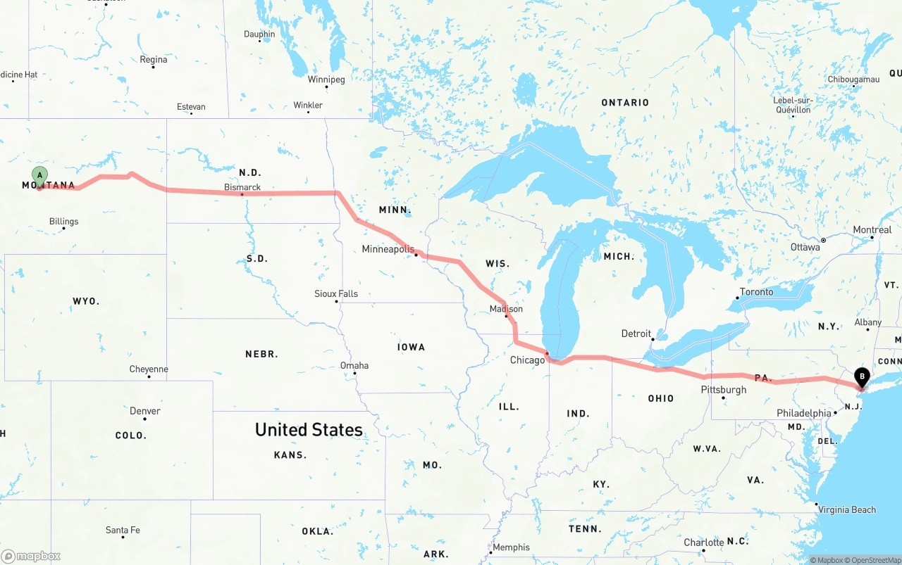 Shipping route from Montana to Port of New York