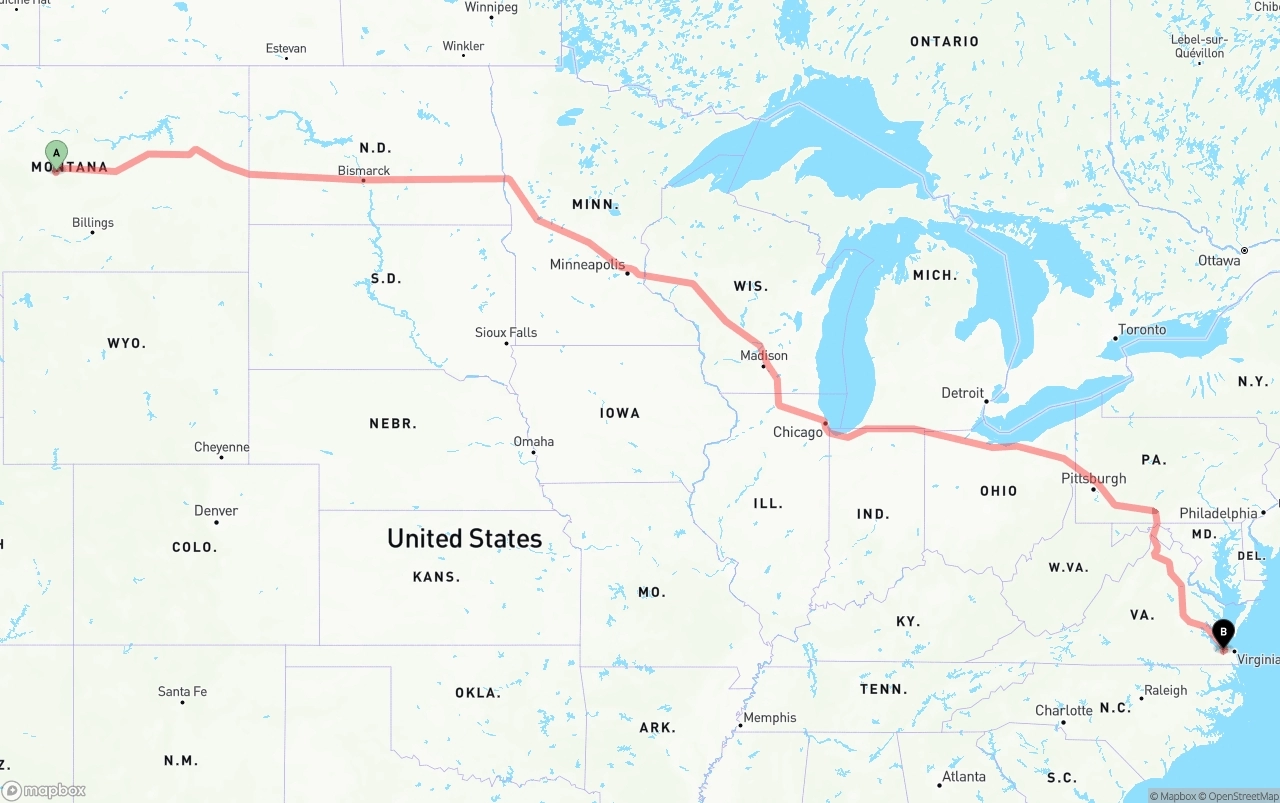 Shipping route from Montana to Port of Norfolk