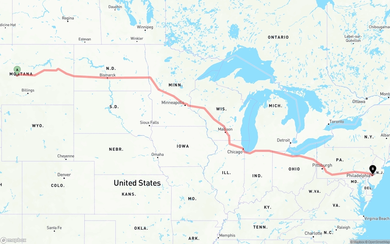 Shipping route from Montana to Port of Philadelphia