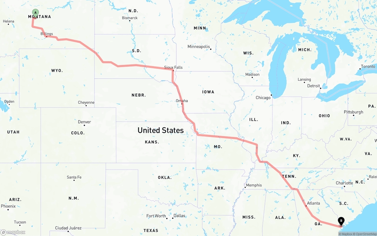 Shipping route from Montana to Port of Savannah