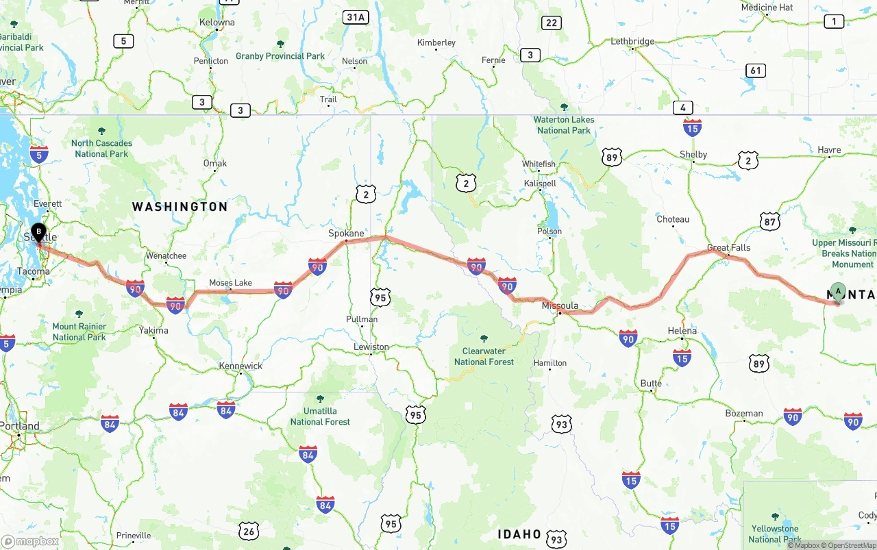 Shipping route from Montana to Port of Seattle