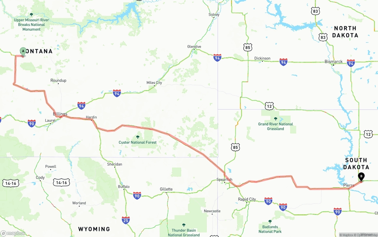 Shipping route from Montana to South Dakota