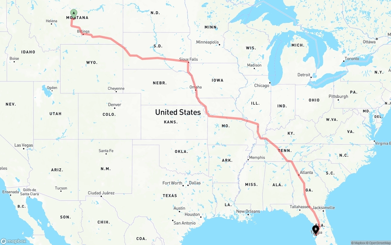 Shipping route from Montana to Tampa International Airport
