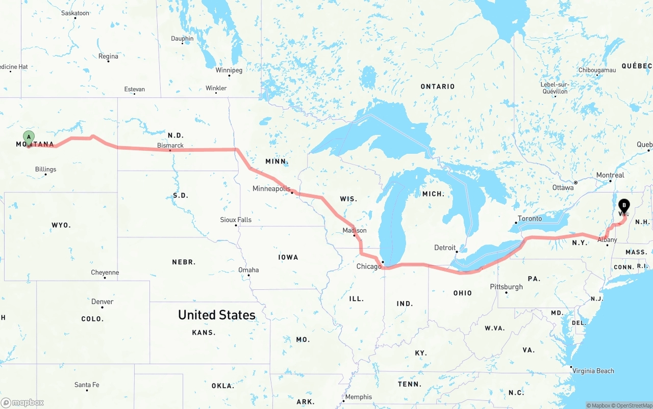 Shipping route from Montana to Vermont