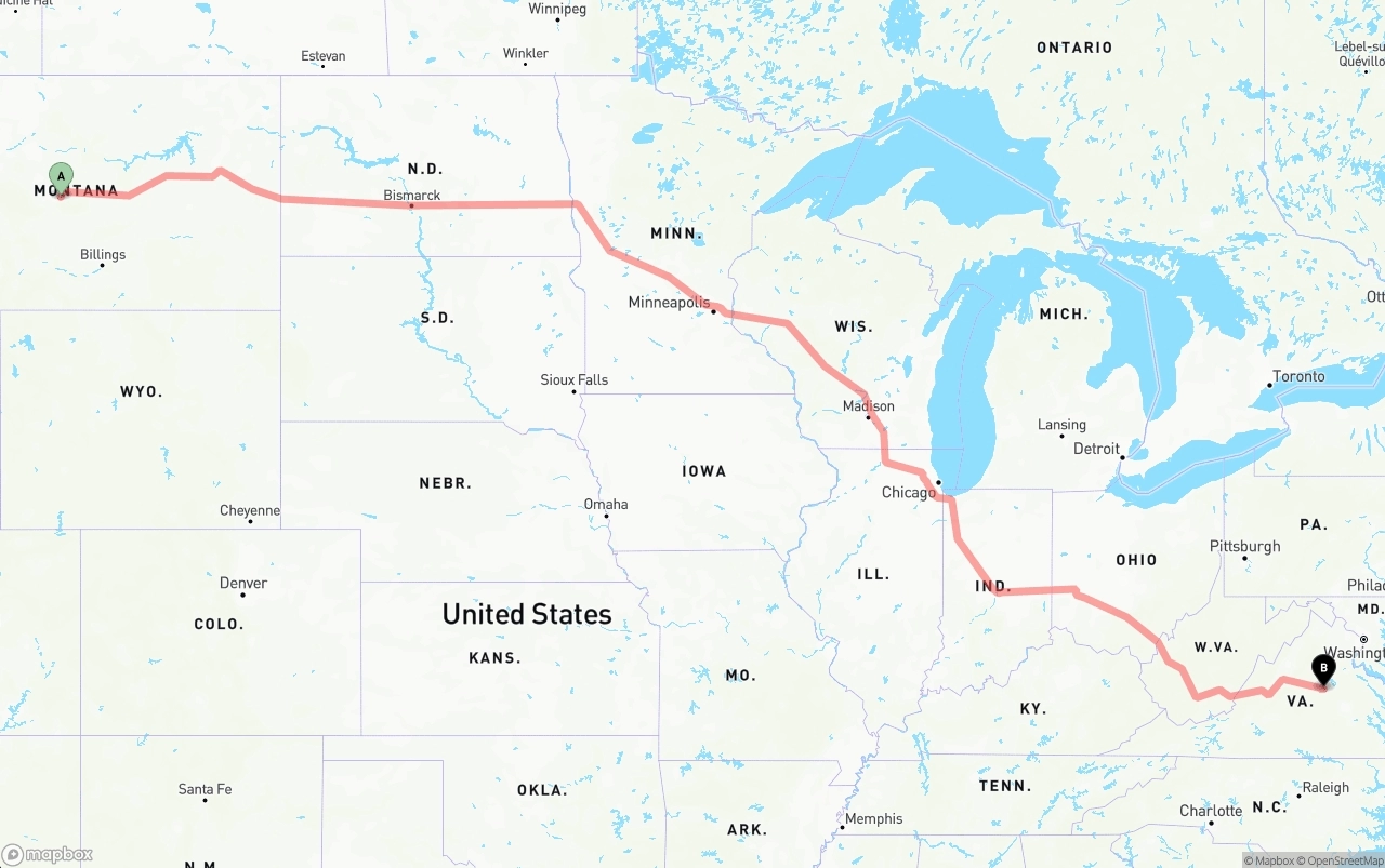 Shipping route from Montana to Virginia