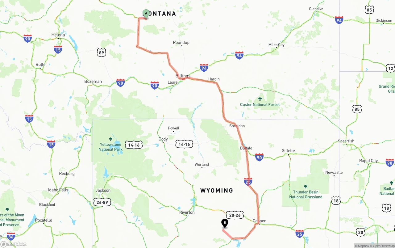 Shipping route from Montana to Wyoming