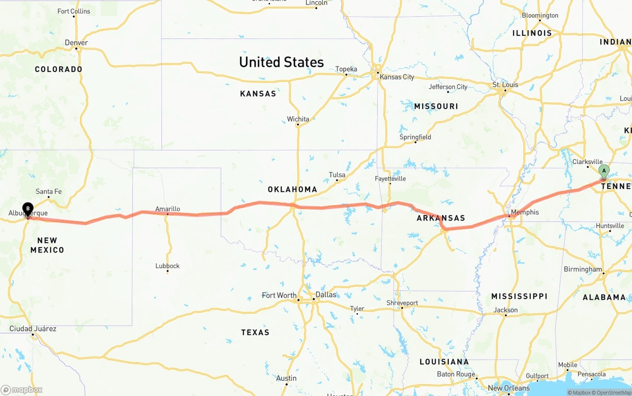 Shipping route from Nashville to Albuquerque