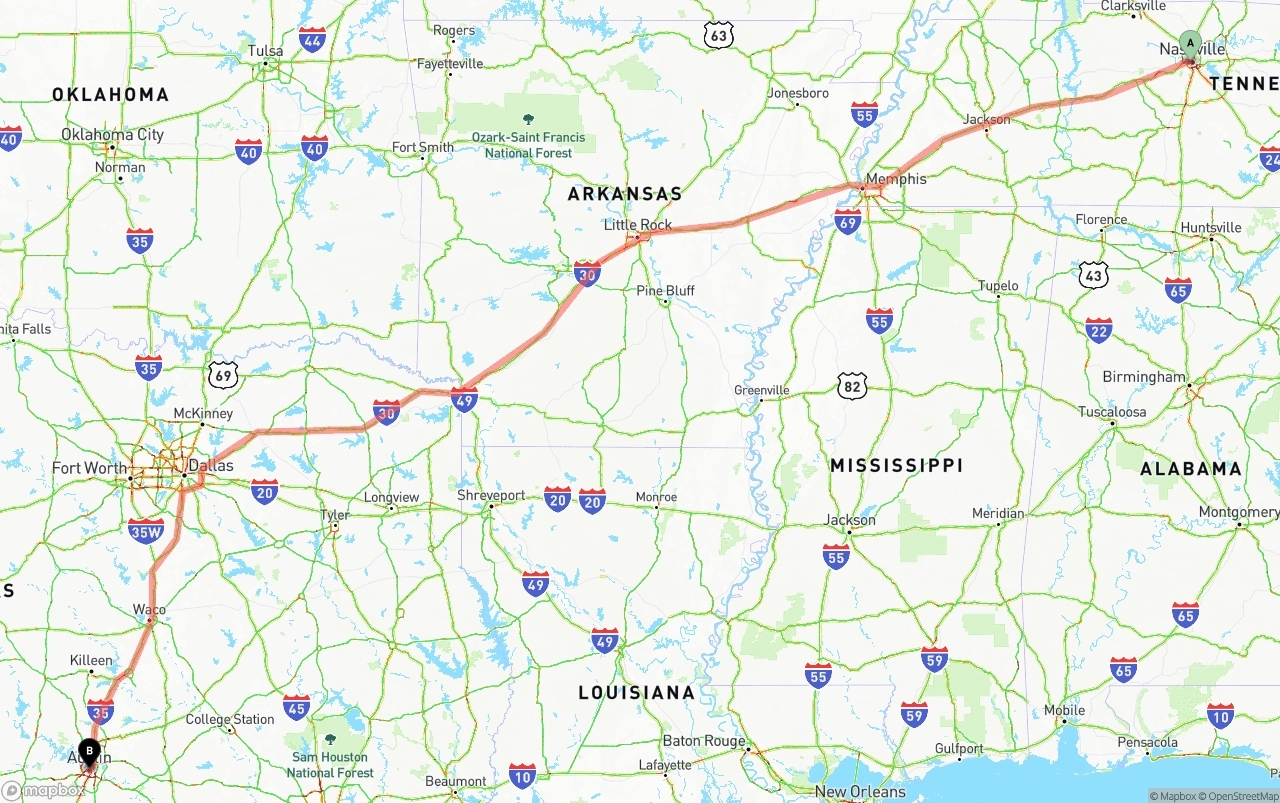 Shipping route from Nashville to Austin