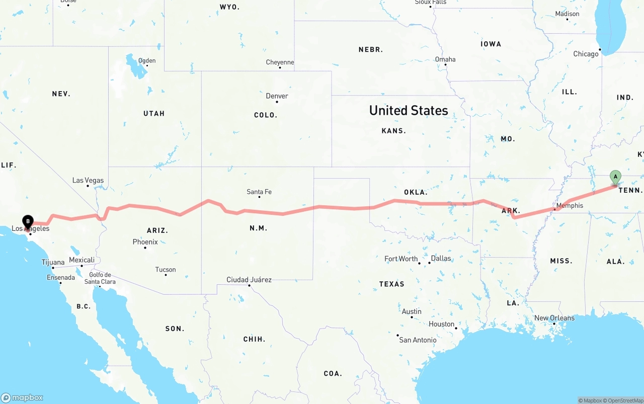 Shipping route from Nashville to Bob Hope Airport